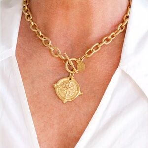 Susan Shaw gold intaglio compass rose coin front toggle necklace 24kt TGP